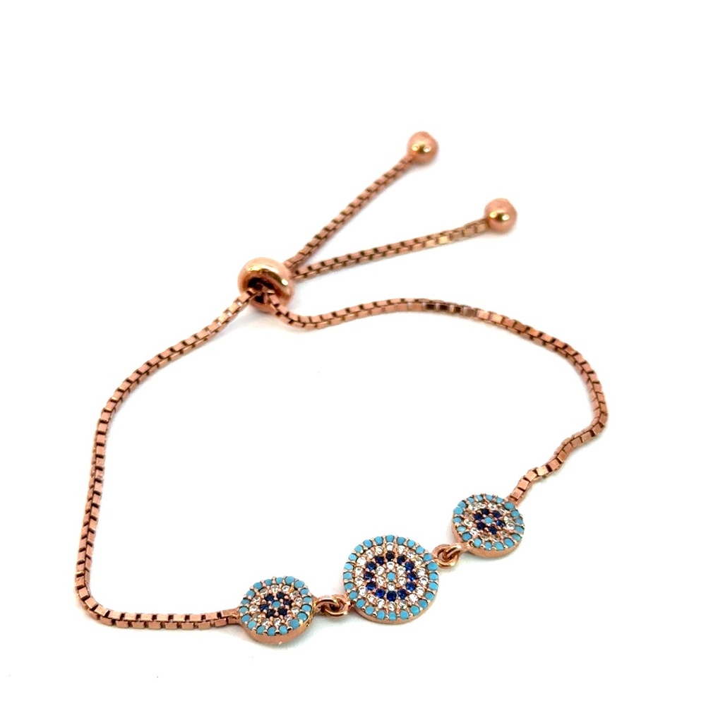 Adjustable Silver Evil Eye Bracelet with Blue Crystals